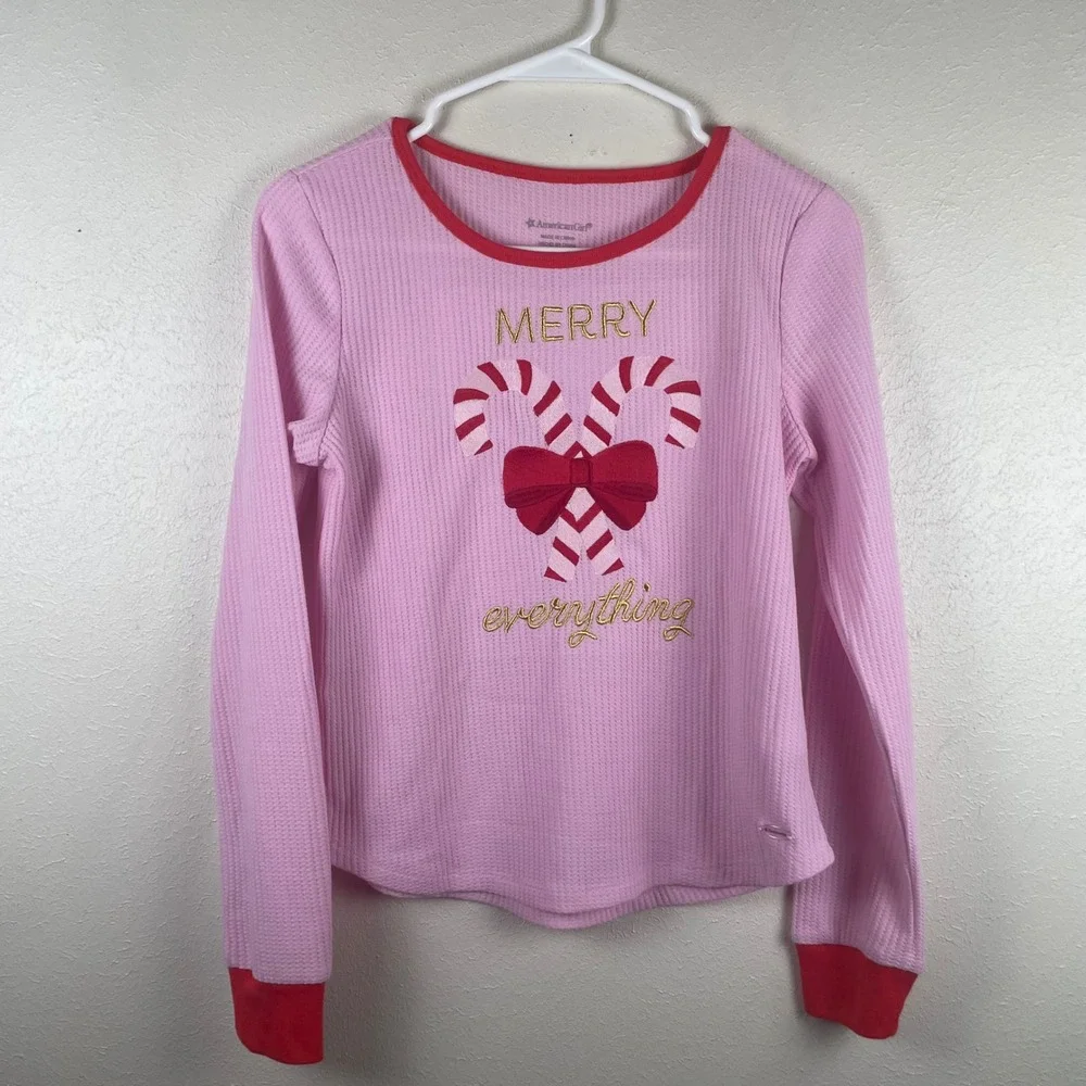 American Girl Pink Waffle Knit Pajama Top Red Trim Girls Sz L 14/16 Long Sleeve